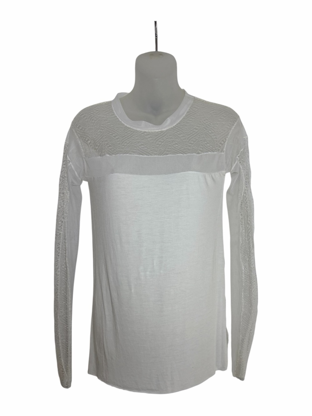BCBGMaxAzria Whimsical Fairy White Lace Top XS Model Mesh Long Sleeve